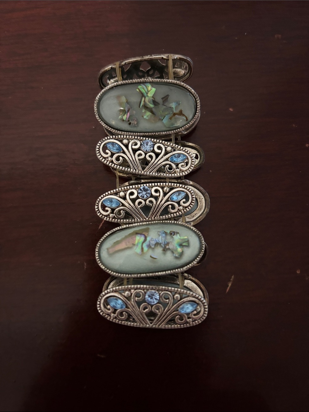 Silver-Tone Blue Abalone Inlay Stretch Bracelet 7 inches